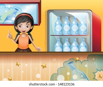 Illustration of a young lady selling soda