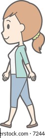 Illustration of a young lady in striped clothes walking sideways