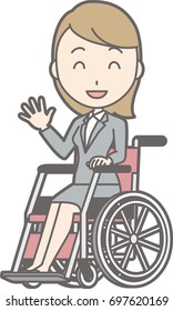 Illustration of a young lady in a suit riding a wheelchair waving a hand