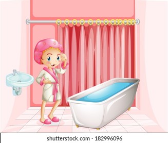 Illustration of a young lady taking a bath in the bathroom