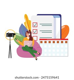 Illustration of a young lady wearing a headset, sitting with a laptop on her lap, and using a phone. Recording a video with camera in front of her. Checklist, calendar, leaves on the background
