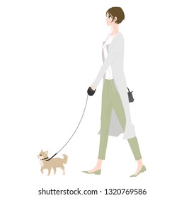 Illustration of a young lady.A young woman walking a pet dog.