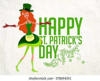 Illustration of young Leprechaun girl for Happy St. Patrick's Day celebration.