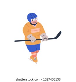 Illustration of young litle boy in helmet with stick for ice hockey game