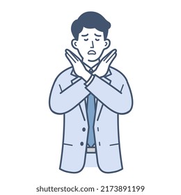 Illustration of a young male businessman in his twenties who puts out a cross and shows the intention of NO
