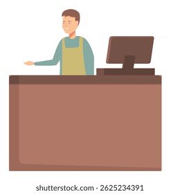 Illustration of a young male cashier standing by the cash register in a modern retail setting