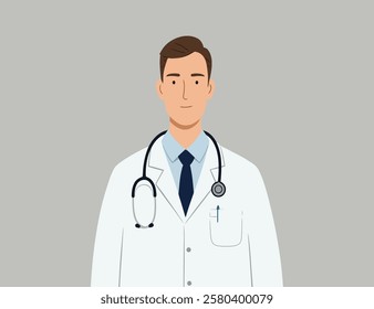 Illustration of an young male doctor in a white coat, grey background	