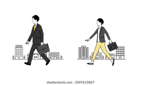 Illustration of young male and female business people walking in the street, vector.