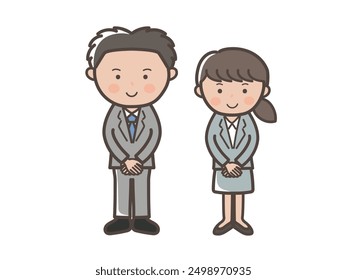 Illustration of young male and female businessmen and women in polite and awe-inspiring recruit suit style