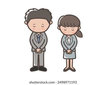 Illustration of young male and female businessmen and women in recruit suit style apologizing with their heads down