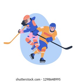 Illustration with young male and female ice hockey players. Isolated vector.