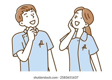 Illustration of a young male and female nurse looking diagonally upward with a smile