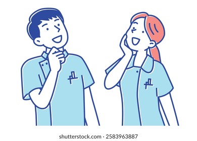 Illustration of a young male and female nurse looking diagonally upward with a smile