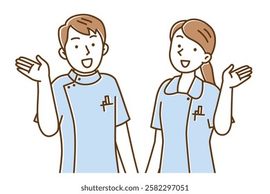 Illustration of young male and female nurses raising their hands to guide