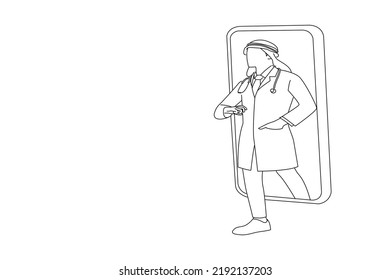 Illustration of Young Male Middle Eastern Doctor In White Uniform With Stethoscope Coming Out Big Cell Phone Screen. Line art style
