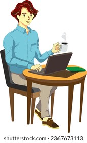 Illustration of a young male office worker working at a desk at a cafe
