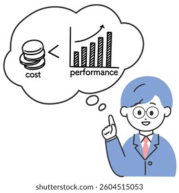 An illustration of a young male office worker explaining cost performance
