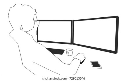 Illustration of young male office worker working on computer with blank monitors in black and white