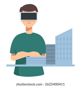 Illustration of a young male with vr glasses engaged in a simulated city environment