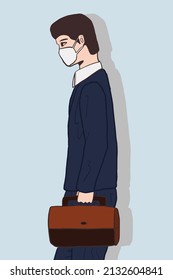 illustration of young male worker waiting after work wearing mask in fear of covid-19