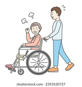 Illustration of a young man assisting an angry elderly woman sitting in a wheelchair