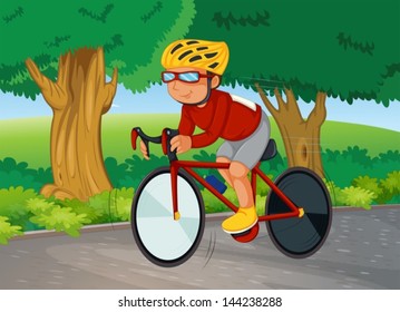 Illustration of a young man biking