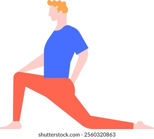 Illustration of a young man with blond hair, wearing a blue t shirt and orange trousers, performing a crescent lunge yoga pose, promoting healthy lifestyle and flexibility