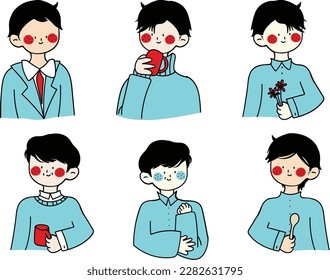 Illustration of a young man in a blue shirt with different facial expressions