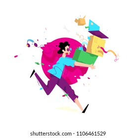 Illustration of a young man with boxes and things. Vector illustration. The courier delivers the goods. A cartoon character. Image is isolated on white background. Flat illustration for banner.