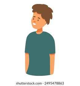 Illustration of a young man with brown hair wearing a green t shirt, smiling and looking up