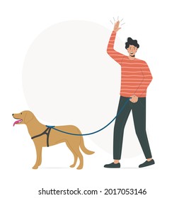 Illustration of young man character walking with dog