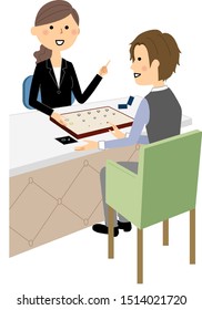 Illustration of a young man choosing a ring.