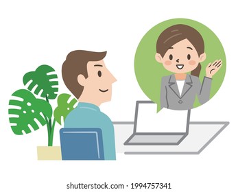 Illustration of a young man consulting online with a business woman
