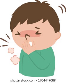 Illustration of a young man covering his mouth with hands and coughing.