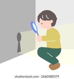 Illustration of a young man crouching down and trying to look through a small keyhole with a magnifying glass