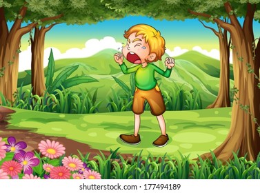 Ilustración de un joven llorando en el bosque