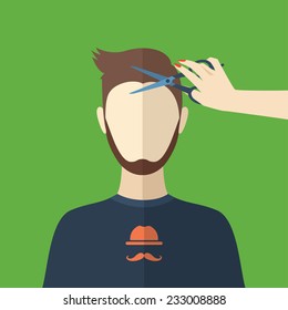 Illustration of a young man. Cutting hair at the hairdresser. Beauty procedures made in flat design. Vector