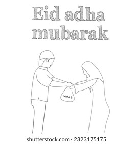 illustration of a young man distributing sacrificial meat to a woman
