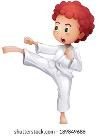Illustration of a young man doing karate on a white background