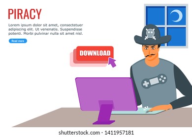 Illustration of a young man downloading illegal file such as movie or games via internet