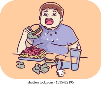 Illustration of a Young Man Eating Burger and Lots of Junk Food on Table