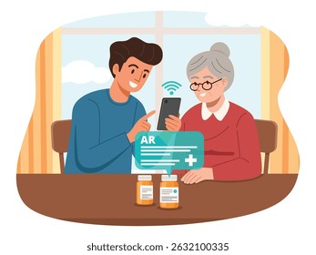An illustration of a young man and an elderly woman using a mobile phone with augmented reality (AR) to manage health and medication, with medicine bottles on the table.