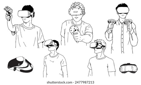 Illustration of a young man enjoying a virtual reality.holding VR controllers, and diving into a futuristic world of imagination and gaming.