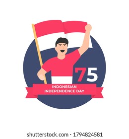 illustration of a young man exclaiming excitedly to celebrate Indonesia's 75th Independence Day. A flying red and white flag. Happy Independence Day. flat design. can be used for elements, greeting