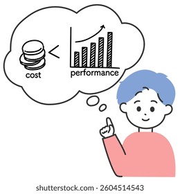 Illustration of a young man explaining about cost performance
