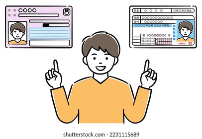 Illustration of a young man explaining the integration of my number card and driver's license
The Japanese characters mean "name, address, date of birth, delivery, expiration date, seal, type."