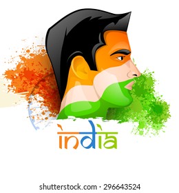 Ilustración de un joven con la cara pintada con los colores de la bandera nacional en la Rueda de Ashoka y fondo salpicado para la celebración del Día de la Independencia de la India.