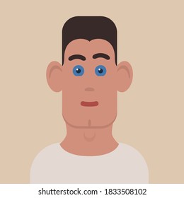 Illustration of Young Man Face Portrait. Cartoon Male Avatar Flat Icon of Young Man Face with Brown Hair, Blue Eyes and Big-Eared