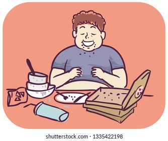 Illustration Of A Young Man Finishing Meal And Eating Until Full And With Extended Tummy