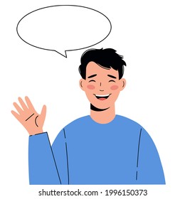 Illustration of  young man with a greeting gesture. Man says hello!